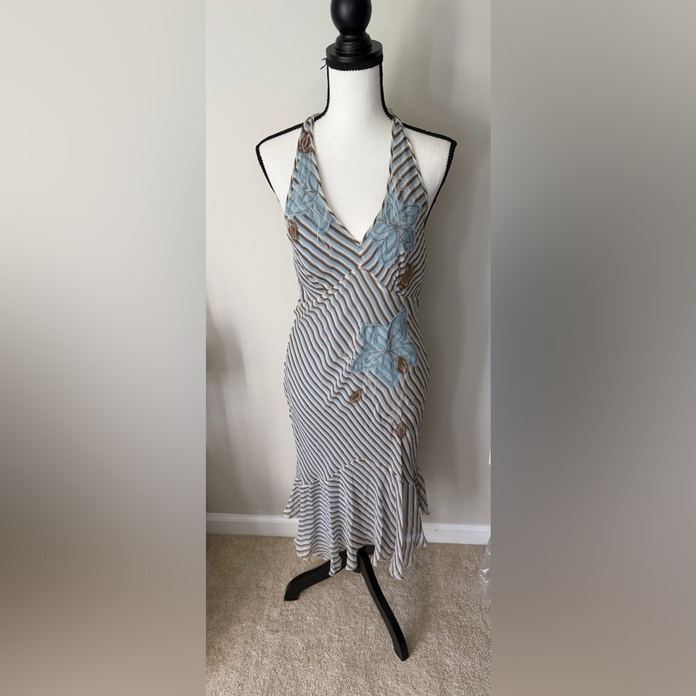 Vintage BCBG Striped Blue and Brown Silk Dress